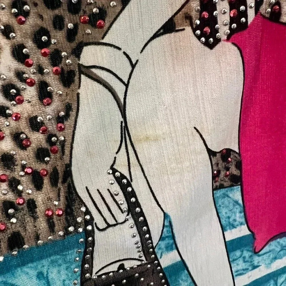 LP Rhinestone Studded Novelty Blouse XXL Woman Cheetah Building Ruched Stretch - Picture 7 of 15